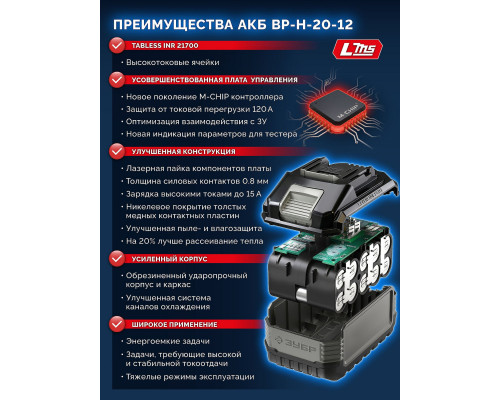 ЗУБР High Power, 20 В, 12.0 А·ч, аккумулятор LMS, ПРОФЕССИОНАЛ (BP-H-20-12)