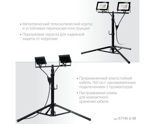 Прожекторы светодиодные на штативе 2 х 30 Вт, 6500 К, IP65, 1.6 м ЗУБР ПСК 30х2 Профессионал 57145-2-30