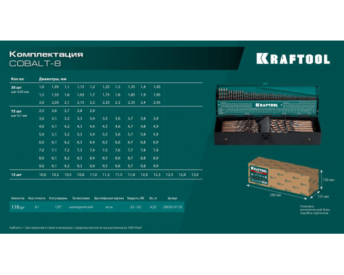 Набор сверл по металлу сталь М42 HSS-Co(8%) COBALT-8 13 штук 1.5-6.5 мм KRAFTOOL 29656-H13