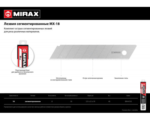 Сегментированные лезвия MX-18, ширина 18 мм, 10 шт MIRAX 0914-S10