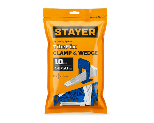 STAYER СВП TileFix, комплект: 1,0 мм, зажим + клин, 50 + 50 шт, система выравнивания плитки ?ворота? (33841-H50)