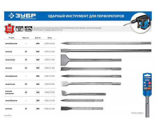 Зубило лопаточное 50 x 400 мм SDS-max ЗУБР БУРАН Профессионал 29384-50-400_z01