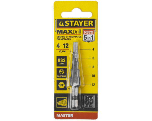 Сверло ступенчатое 4-12 мм, 5 ступеней, сталь HSS STAYER 29660-4-12-5