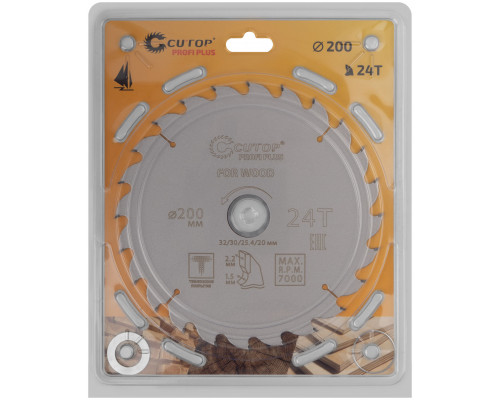 Диск пильный по дереву с тефлоновым покрытием 24Т, CUTOP Profi plus, 200 х 1,5/2,2 х 32/30/25,4/20 мм (75-20024Т)