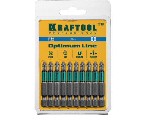 Биты Optimum PZ2, 50 мм, 10 шт KRAFTOOL 26124-2-50-10