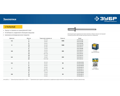 Заклёпки стальные 4.0?10 мм 50 шт ЗУБР Профессионал 313126-40-10