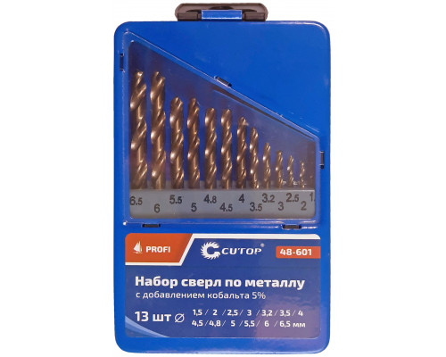 Набор сверл по металлу с кобальтом 5% в металлической коробке; 1,5-6,5 мм (через 0,5 мм + 3,2 мм; 4,8 мм), 13 шт., Cutop Profi (48-601)