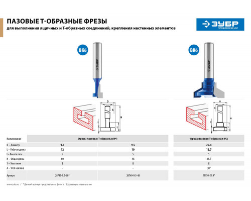 Фреза пазовая Т-образная №1 9.5 x 10 мм, высота 5 мм ЗУБР Профессионал 28749-9.5-48