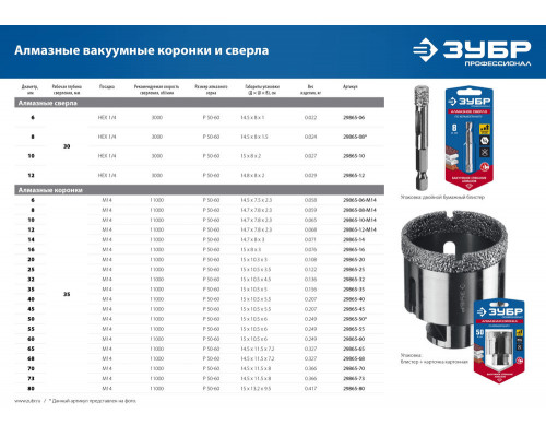 Коронка алмазная вакуумная АВК, d 40 мм, М14, 15 мм кромка ЗУБР Профессионал 29865-40