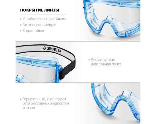 Очки защитные герметичные закрытые стекло поликарбонат ударопрочный ЗУБР ПАНОРАМА Г Профессионал 110232