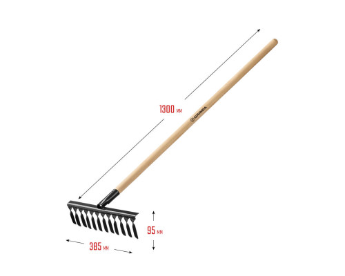 Садовые грабли GS-12 WOOD, 385 х 95 х 1300 мм, 12 витых зубцов, углеродистая сталь, антикор. покрытие, черенок дерев. высш. сорт GRINDA 39581-12