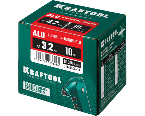 Алюминиевые заклепки Alu (Al5052), 3.2 x 10 мм, 1000 шт KRAFTOOL 311701-32-10