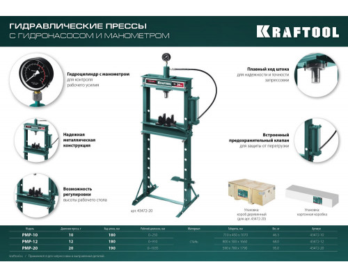 Гидравлический пресс с гидронасосом и манометром PMP-12, 12 т KRAFTOOL 43472-12