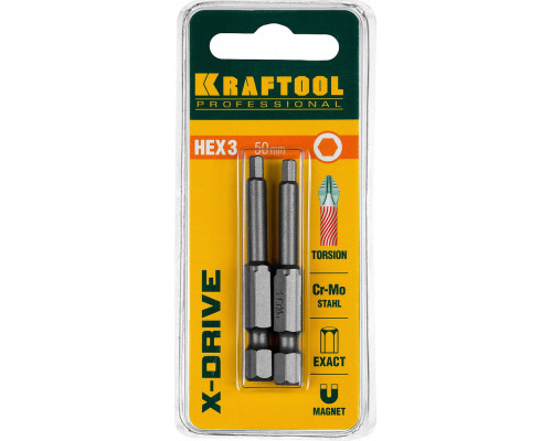 Торсионные биты X-Drive Hex 3, 50 мм, 2 шт KRAFTOOL 26127-3-50-2