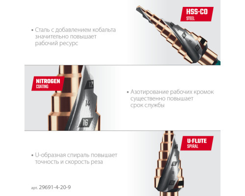 Сверло ступенчатое COBALT, 4–20 мм, 9 ступеней, азотирование, винтовая спираль KRAFTOOL 29691-4-20-9