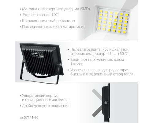 Прожектор светодиодный 30 Вт, 6500 К, IP65 ЗУБР ПСК-30 Профессионал 57141-30
