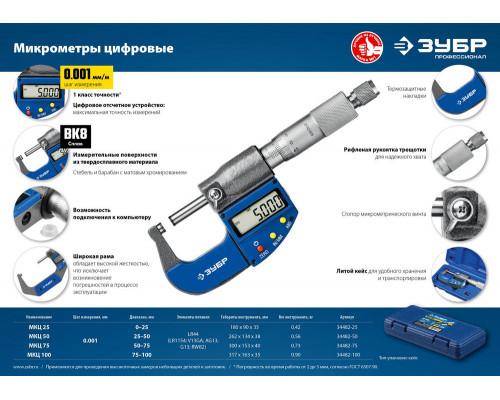 Микрометр цифровой гладкий МКЦ 25, 0 - 25 мм ЗУБР Профессионал 34482-25_z02