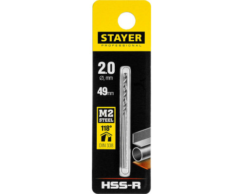 Сверло по металлу быстрорежущая сталь P6M5 Professional HSS-R STAYER 2.0x49 мм 29602-2  