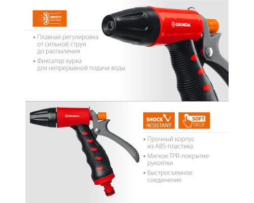 Поливочный пистолет T-R, плавная регулировка, курок сзади, пластиковый с TPR GRINDA 8-427186