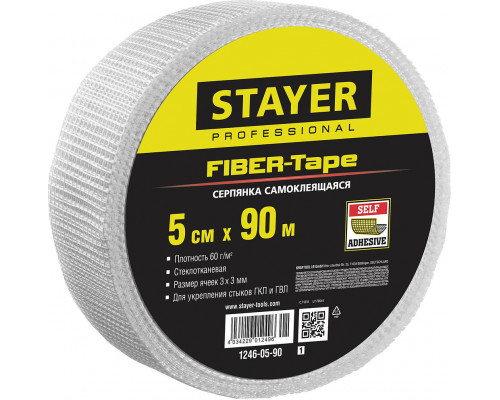 Серпянка самоклеящаяся FIBER-Tape, 5 см х 90 м, 3 х 3 мм STAYER Professional 1246-05-90_z01