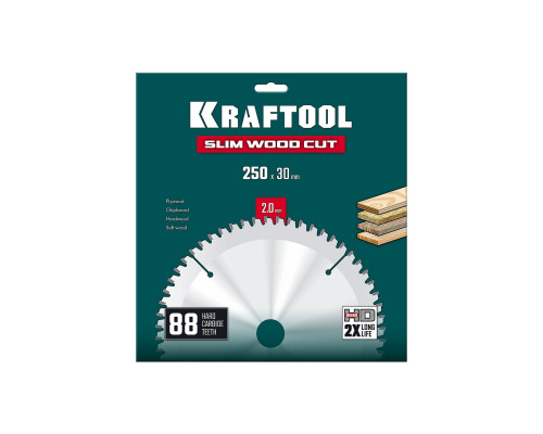 Диск пильный по дереву Slim wood cut, 250 х 30 x 2.0 мм, 88Т KRAFTOOL 36955-250-30-88