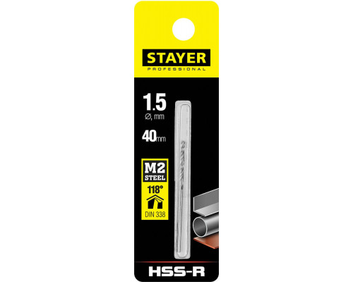 Сверло по металлу быстрорежущая сталь P6M5 Professional HSS-R STAYER 1.5x40 мм 29602-1.5  