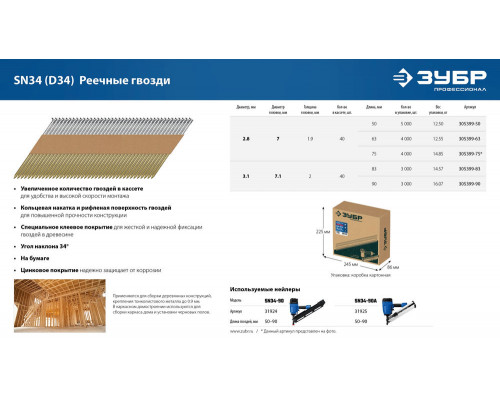 Гвозди реечные рифленые оцинкованные SN34 (D34) 50 x 2.8 мм, 5000 шт ЗУБР 305399-50