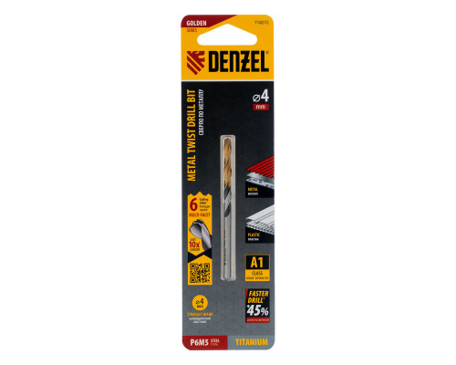 Сверло спиральное по металлу 4 x 75мм, Р6М5, Golden Tip, многогранная заточка Denzel (718272)