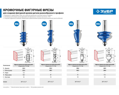 Фреза кромочная фигурная №3 44.5?28 мм хвостовик 12 мм ЗУБР Профессионал 28714-44.5